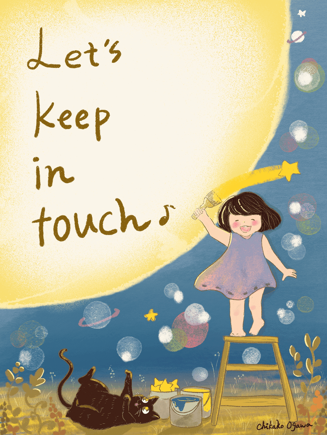 An illutration of a cat and a girl drawing the universe and the letters in the sun says: Let's Keep In Touch