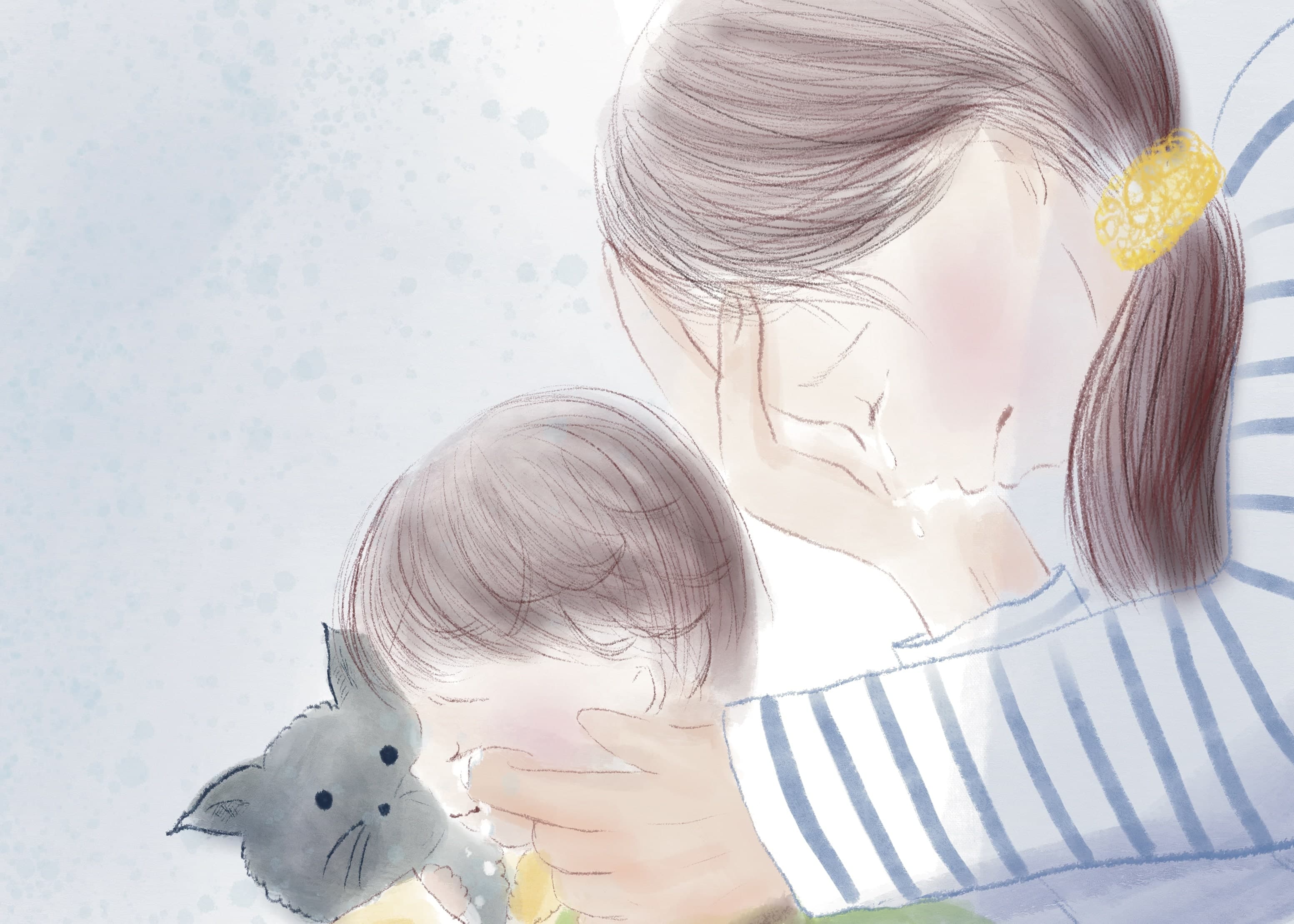 Mama no Nioi book page showing a mother and a child crying while holding a pet