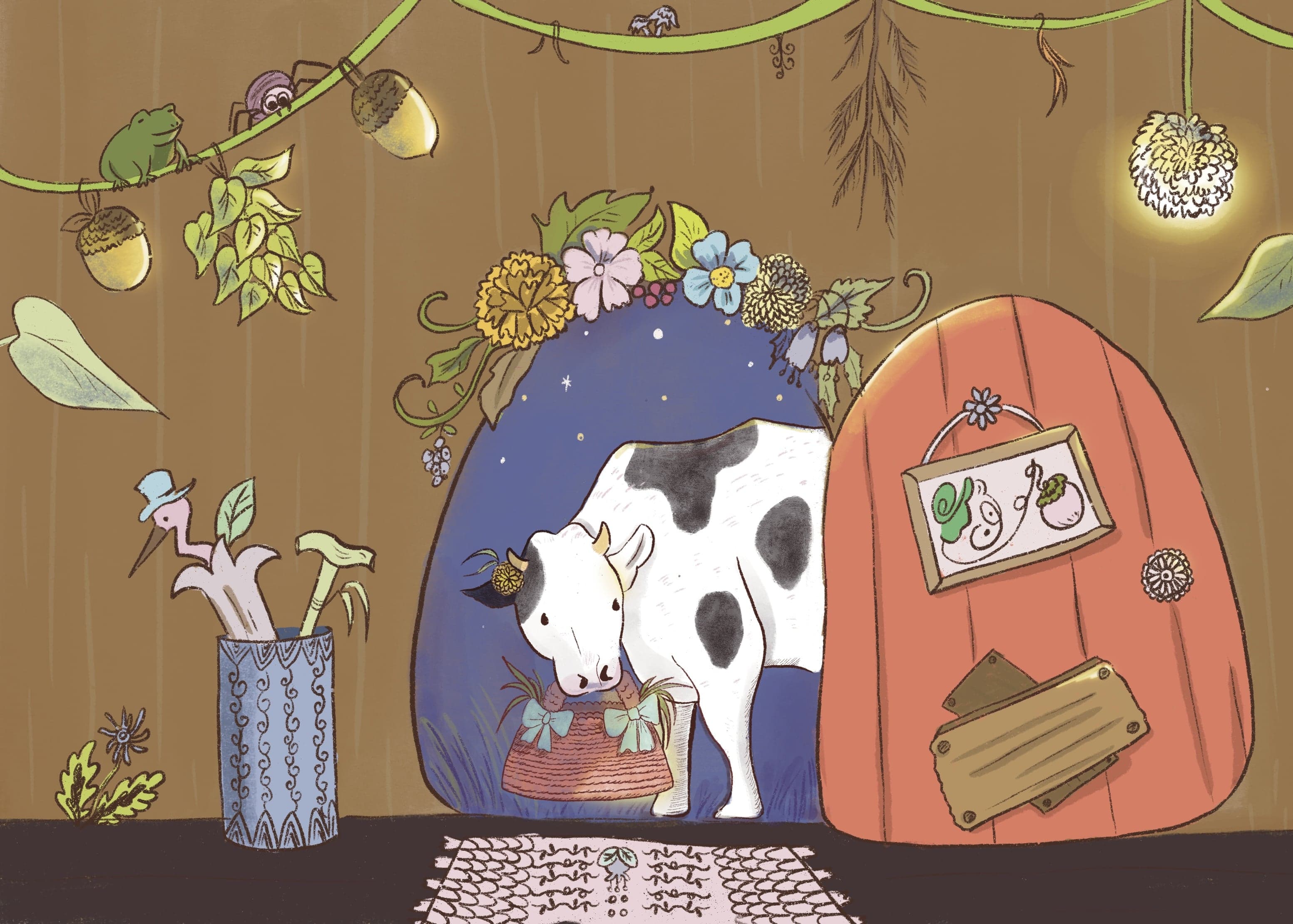 The Secret Clothing Shop book page showing a cow entering a clothing shop inside of a tree trunk