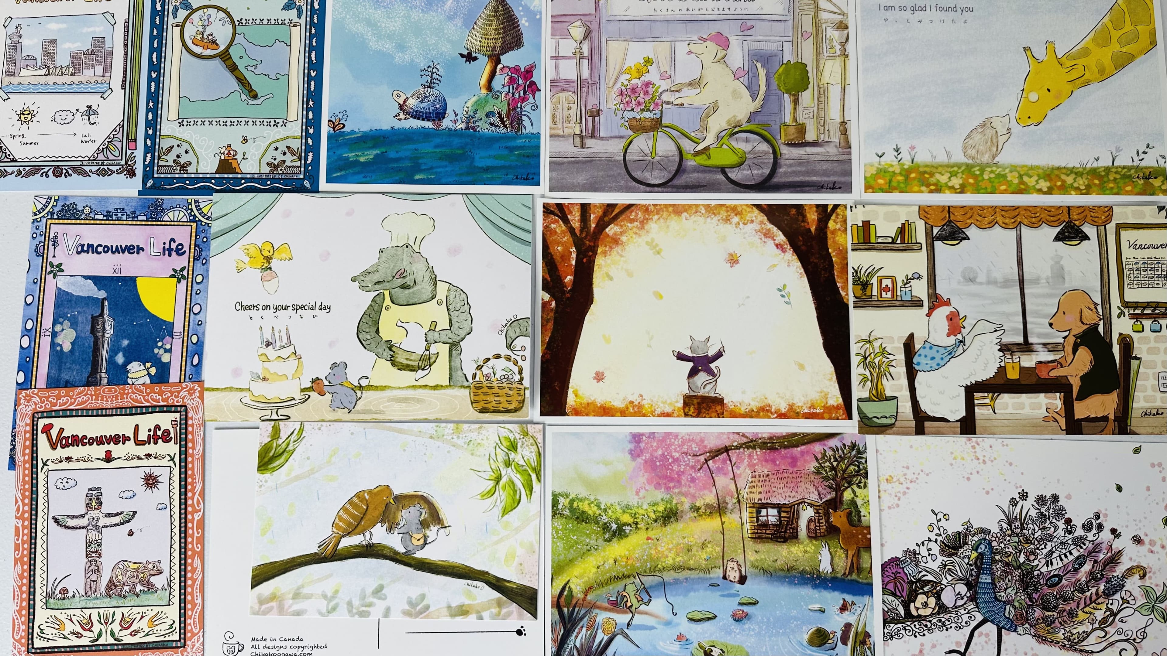 A collection of various illustrated postcards