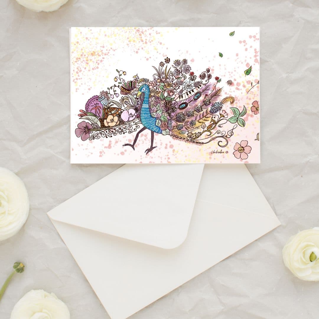 A postcard illustration on top of a white envelope