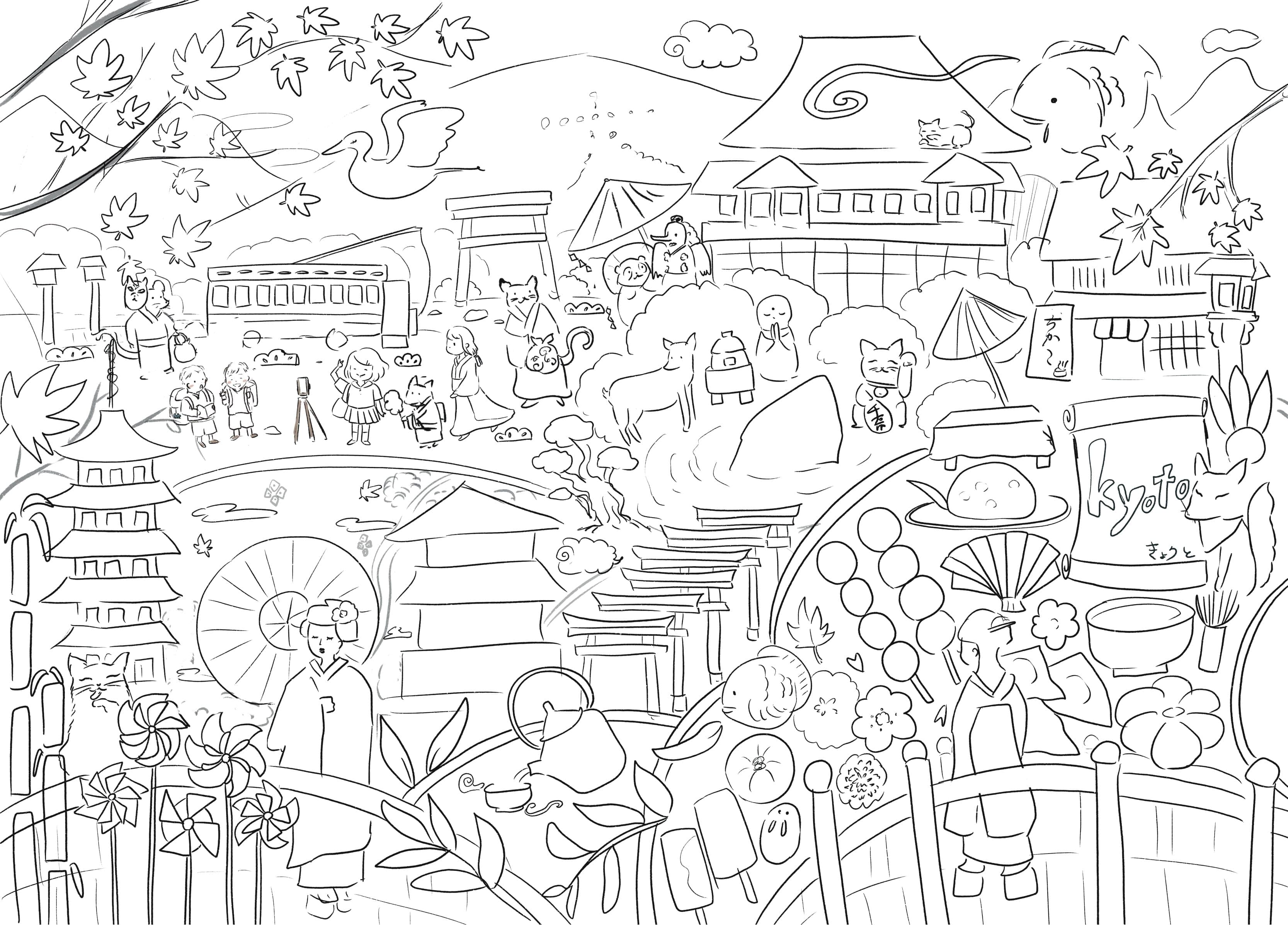Serene Kyoto Puzzle rough sketches of layout without colors