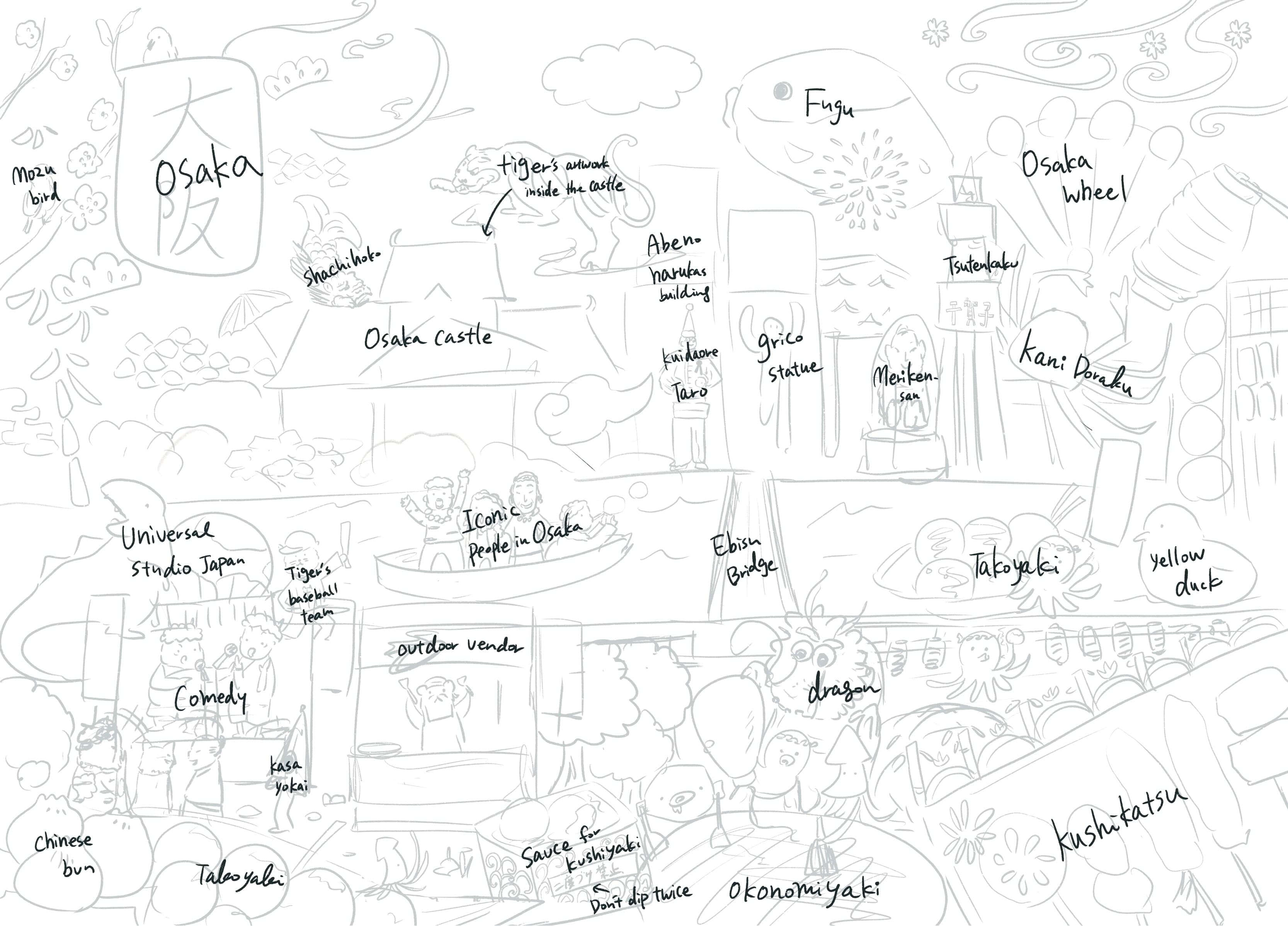Osaka Glow Puzzle initial sketches without colors