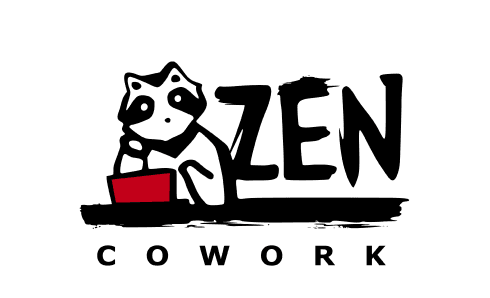 Zen Cowork logo featuring an illustrated raccoon sitting beside a red box, with brush-lettered 'Zen Cowork' text