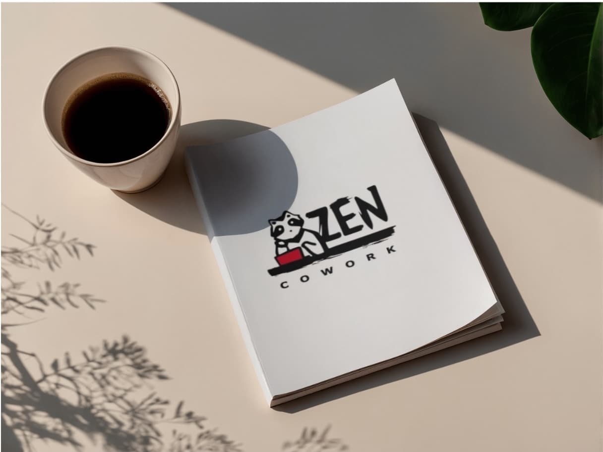 Zen Cowork logo printed on a notebook mockup resting on a table beside a cup of coffee and a plant