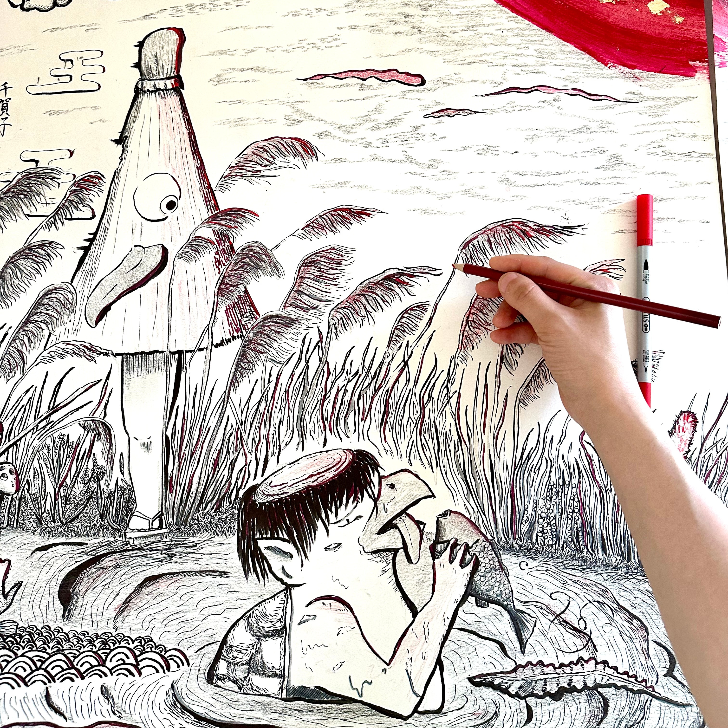 In-progress pen and ink illustration of a boy embracing a giant fish in a reed marsh