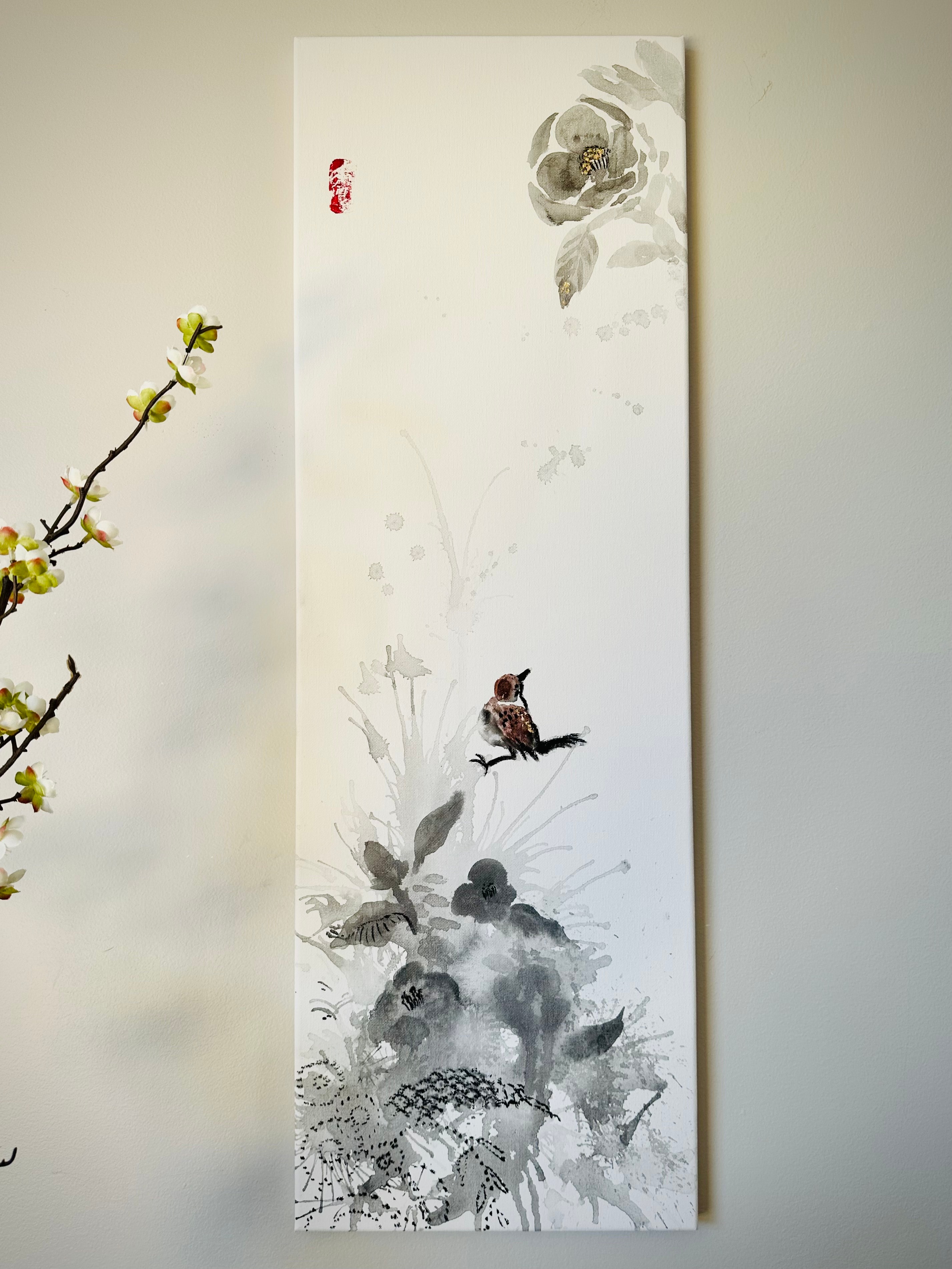 Framed ink and watercolor painting of a sparrow perched among flowers