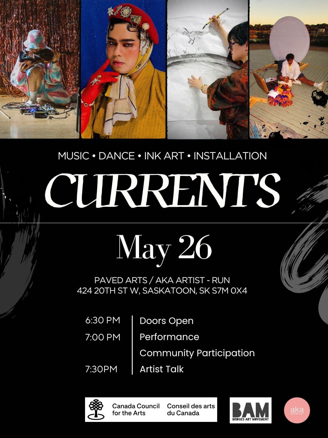 Currents event poster with photos of a musician with pedals, a performer in ornate red headdress and makeup, an artist doing sumi ink painting, and a dancer on a wooden dock, listing the May 26 show at Paved Arts / AKA Artist-Run