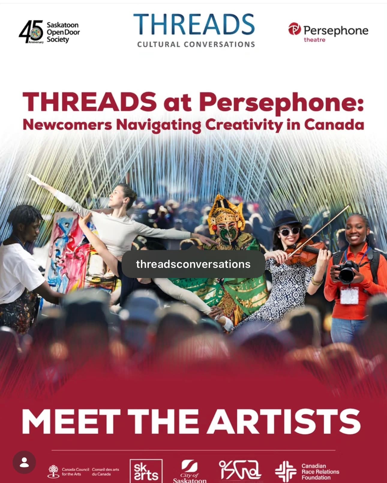 'THREADS at Persephone: Newcomers Navigating Creativity in Canada' event poster with a montage of a painter, dancer, masked performer, violinist, and photographer