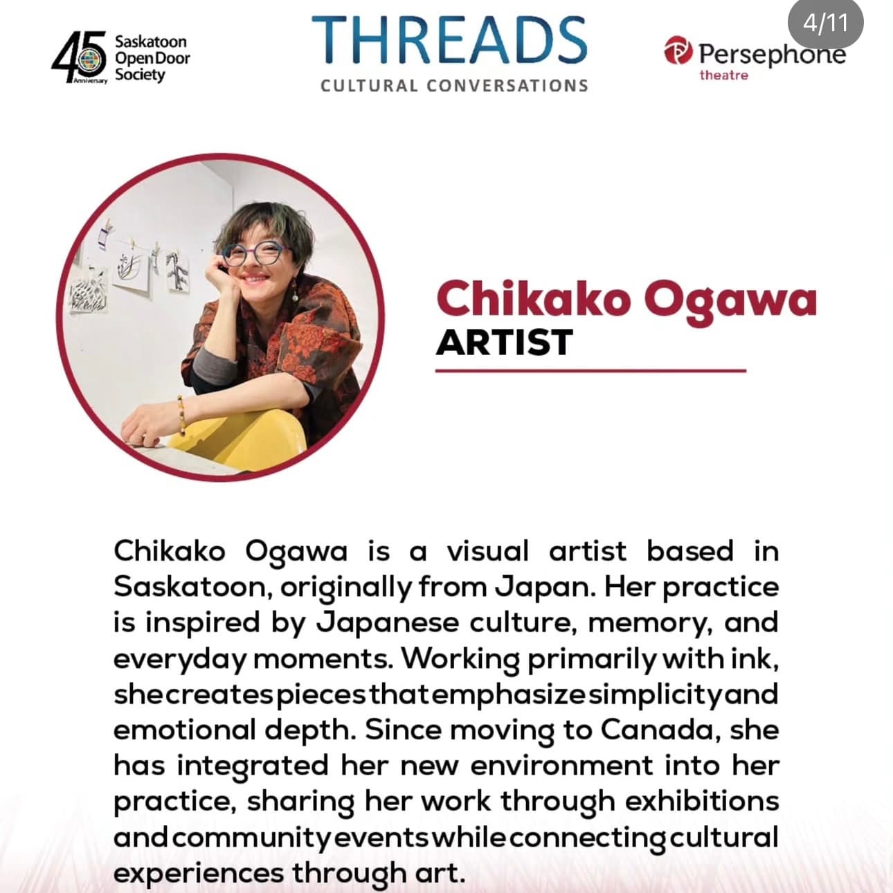 THREADS Cultural Conversations artist profile slide for Chikako Ogawa, with her photo and bio